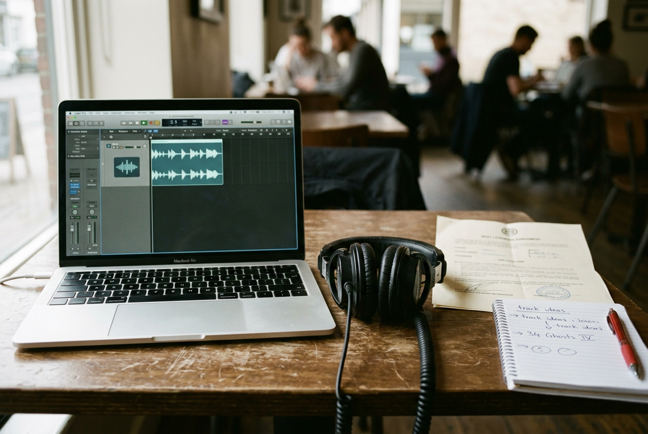A laptop displaying an audio waveform beside headphones and handwritten sample-clearance notes.