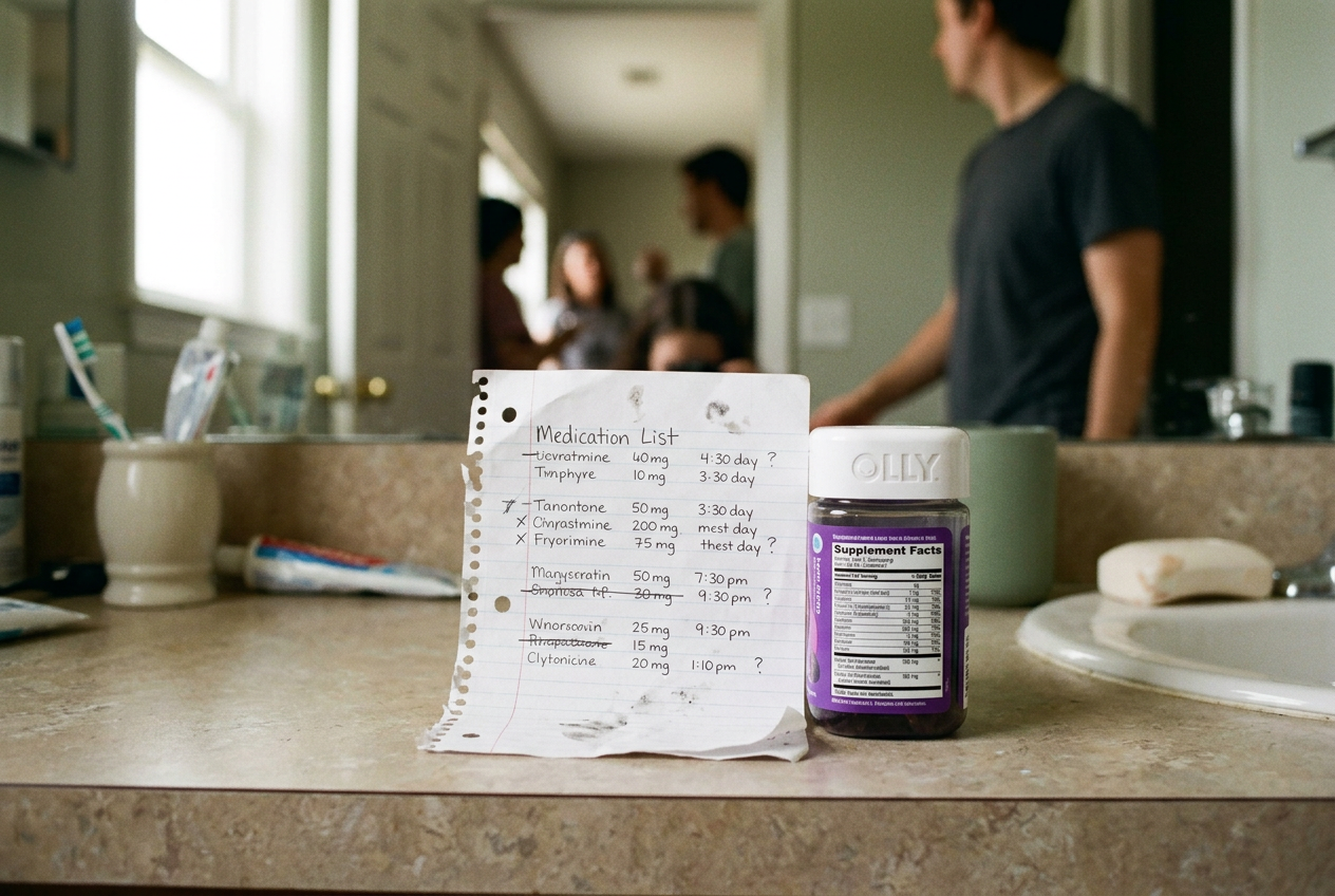 An OLLY Lovin’ Libido bottle turned to show its Supplement Facts panel beside a medication list.