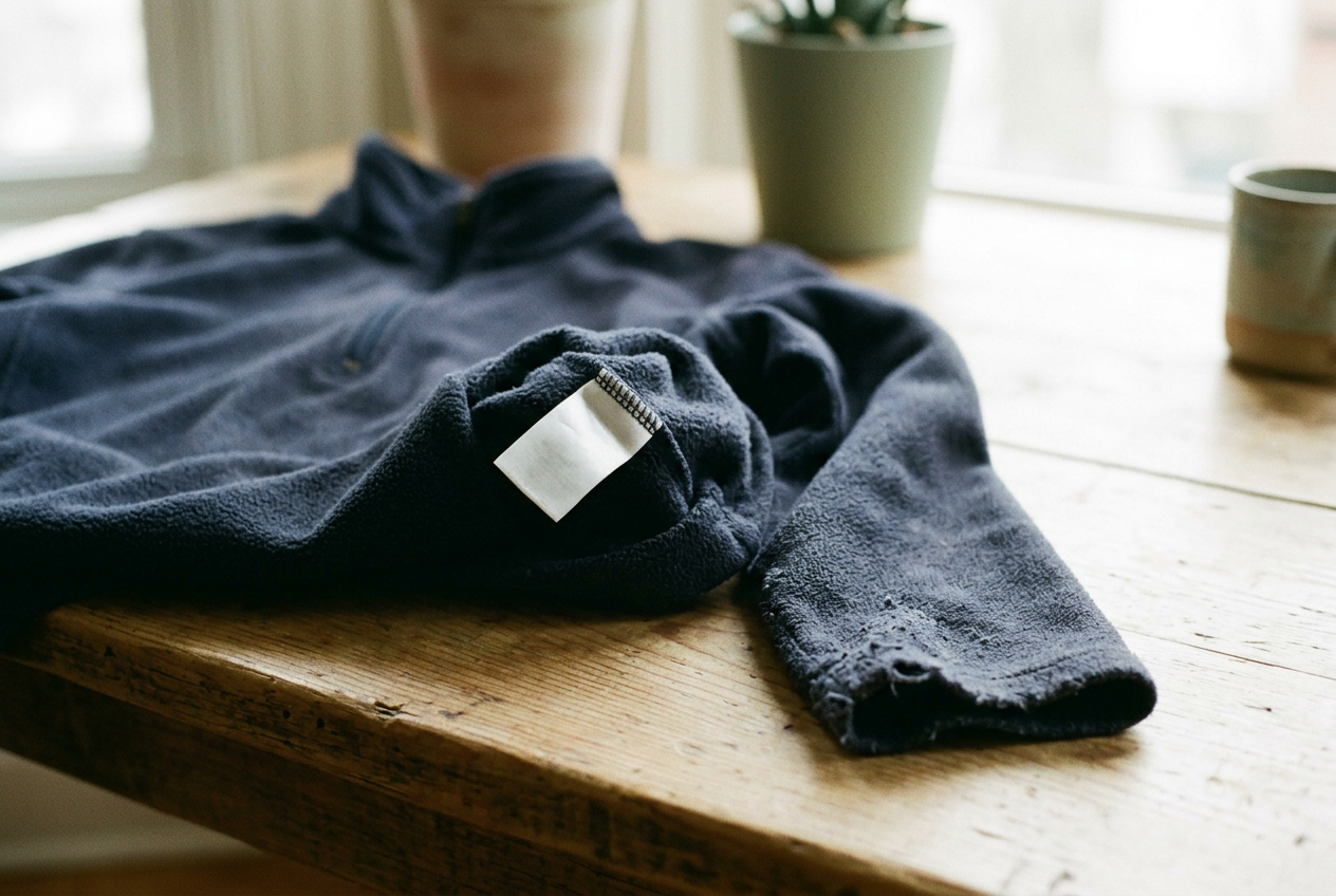 Navy quarter-zip fleece turned inside out to show its white style label beside a visibly worn cuff.