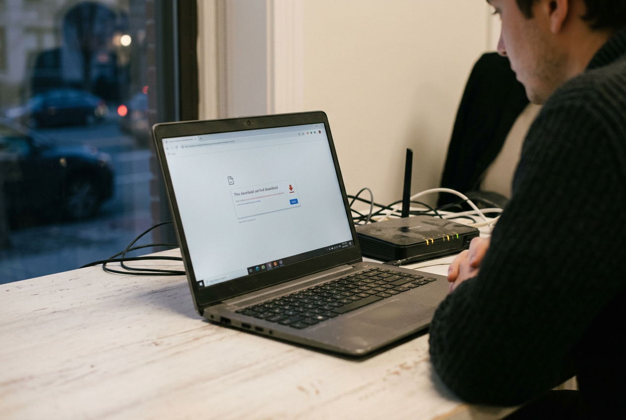 A laptop showing a failed Google Drive download beside a home internet router and network cable.