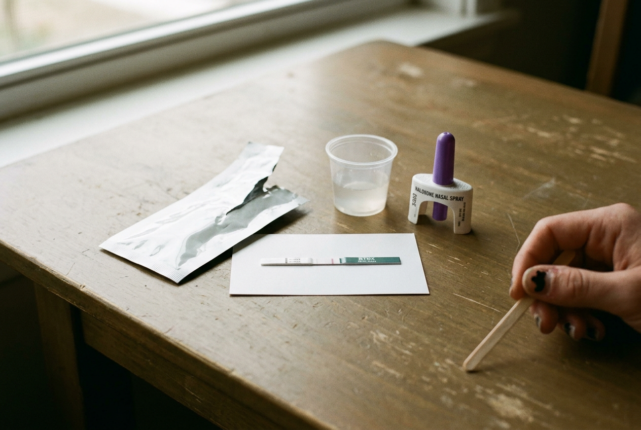 A fentanyl test strip beside its foil pouch, instruction card, clean cup and naloxone on a plain table.