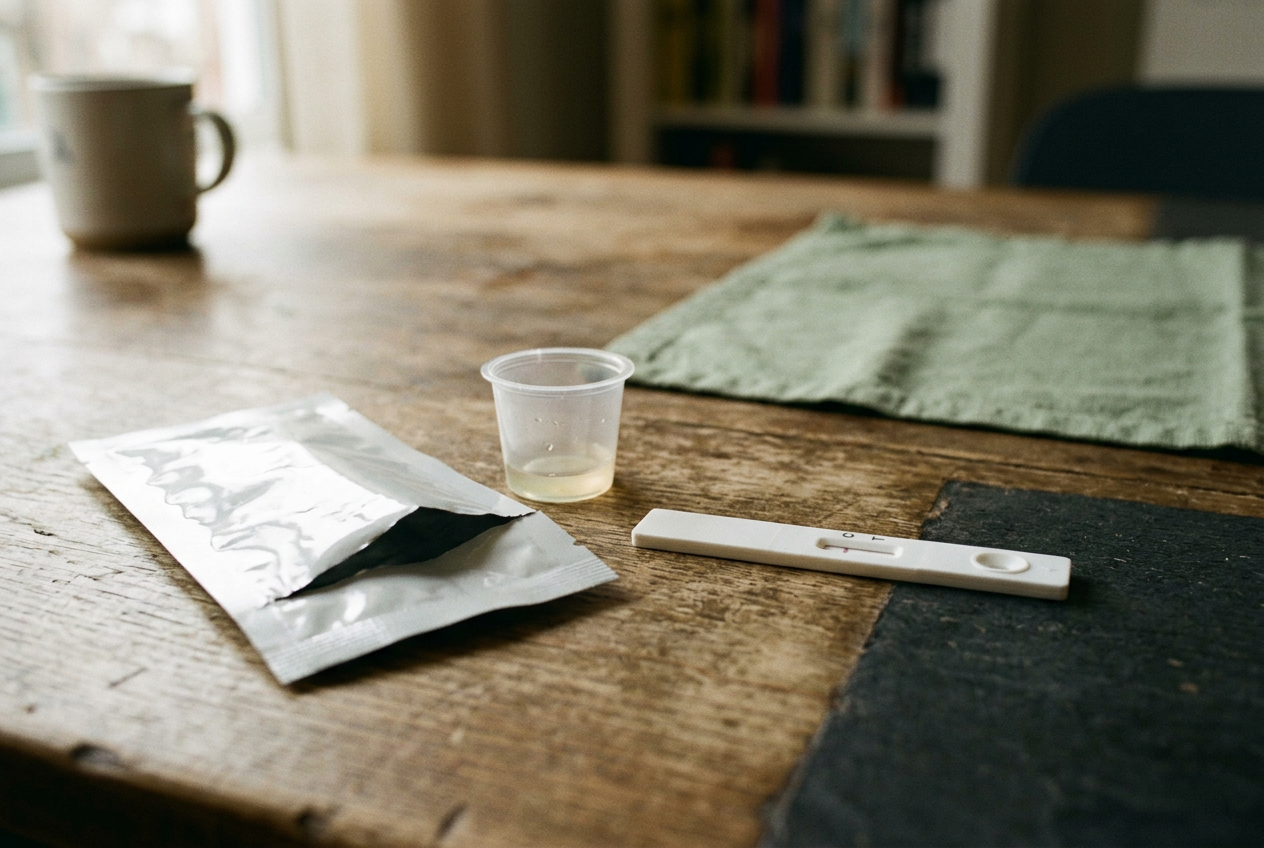 A fentanyl test strip with one control line beside a clear sample cup and unopened foil pouch.