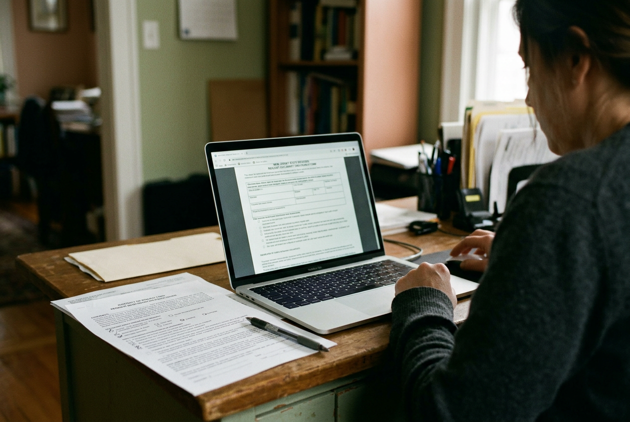 A laptop displaying a New Jersey public-records form beside a printed PDF with an unchecked box.