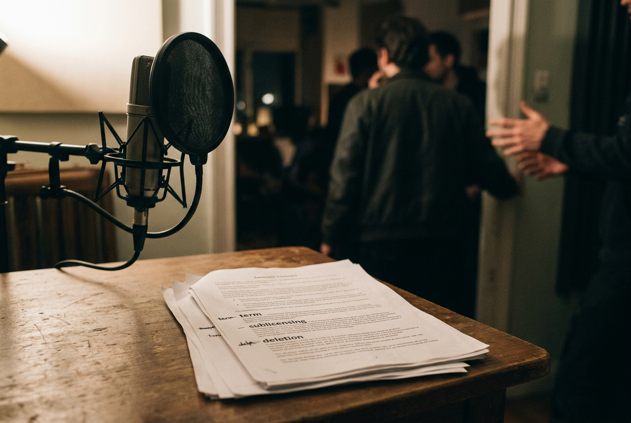 A voice actor’s microphone beside a contract page with perpetual use and synthetic reuse clauses marked.