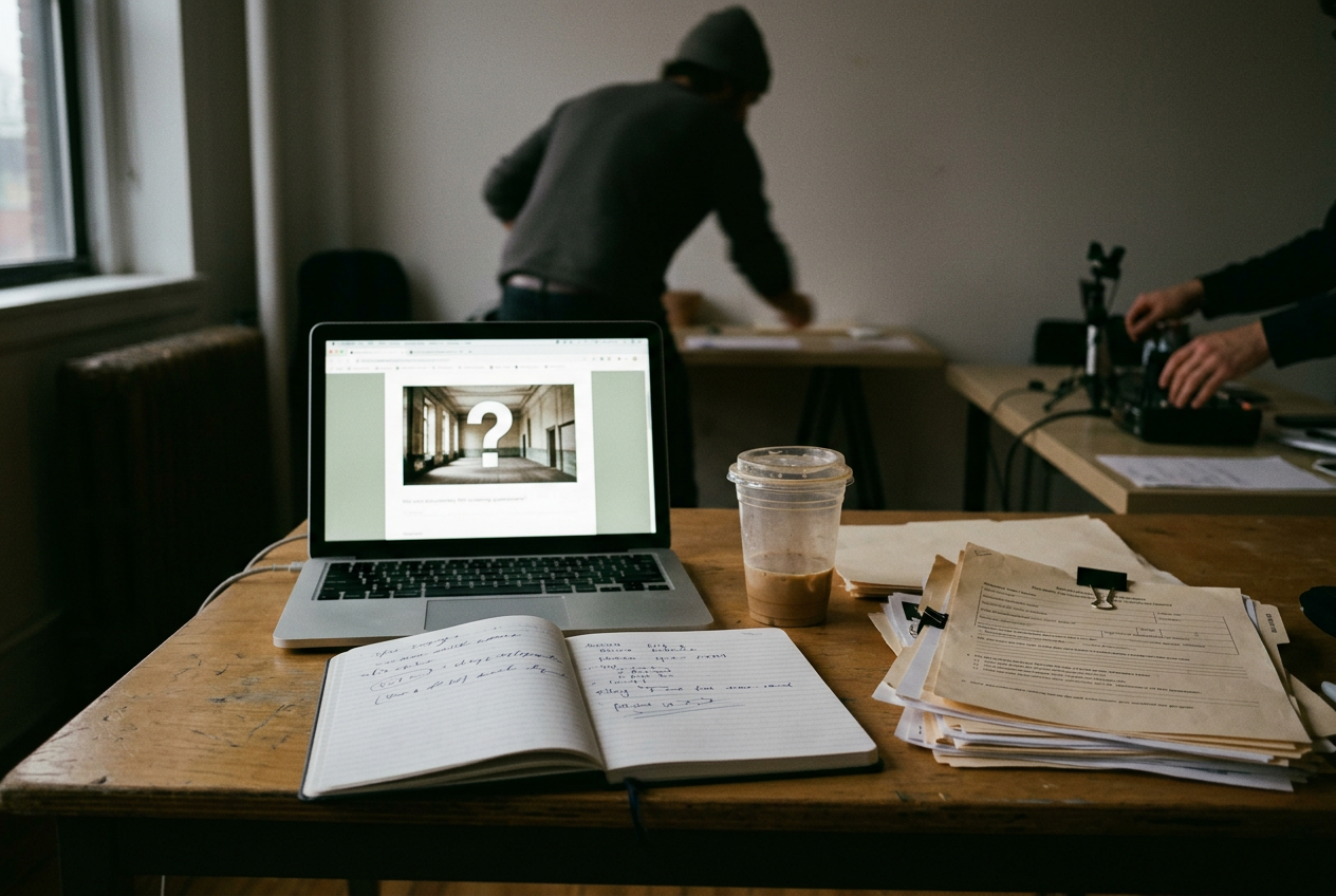 A laptop displaying an ADHD screening question with five radio buttons beside a notebook and unfinished paperwork.