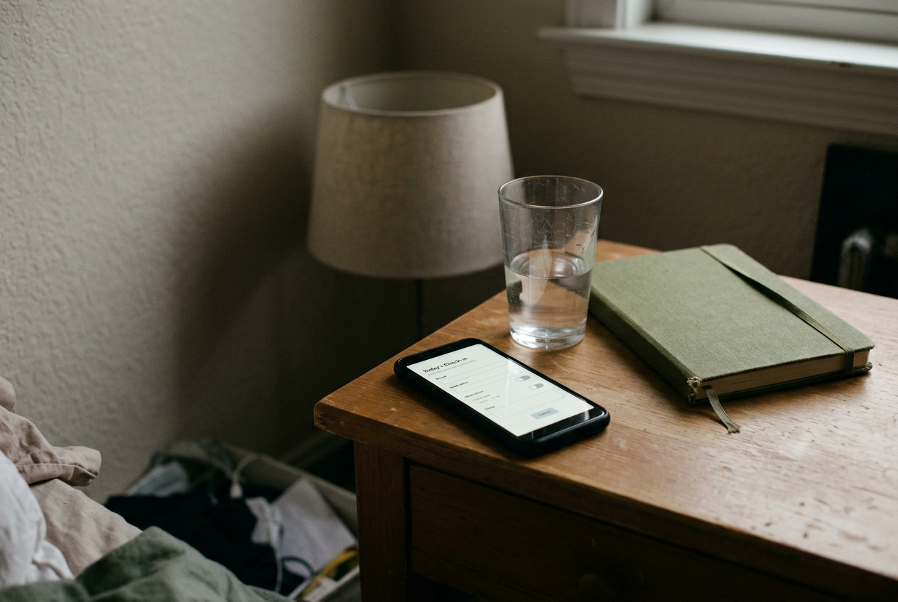 A phone showing a ketamine care check-in link beside a glass of water and a closed notebook on a bedside table.