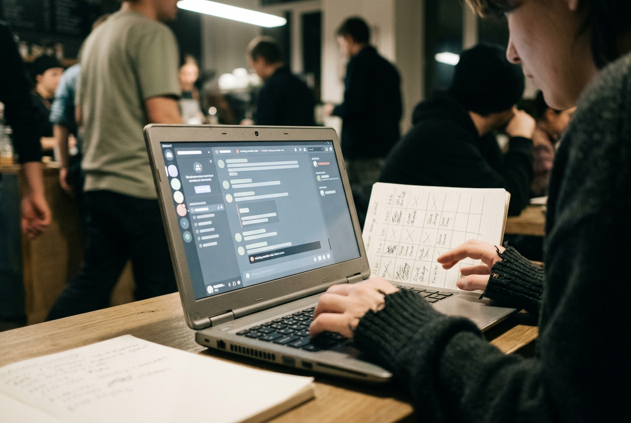 A laptop showing a private Discord support ticket about a missing paid-member role, with a shift notebook beside it.