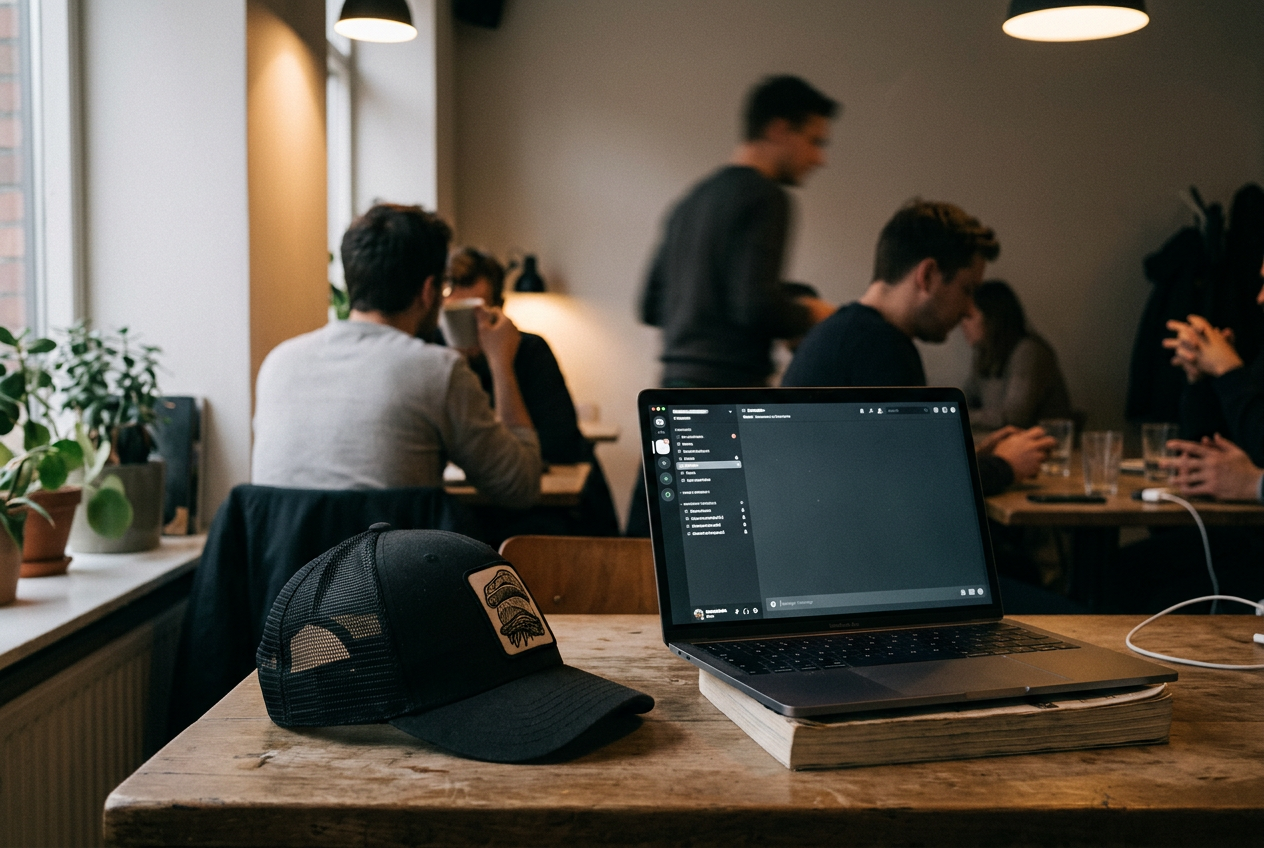 A black mesh-back trading-room cap beside a laptop showing locked Discord channels and a payment page.