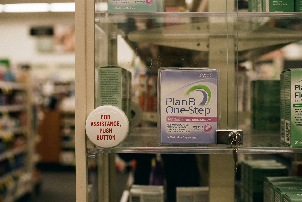 A box of Plan B One-Step beside a locked pharmacy shelf and an employee-assistance button.