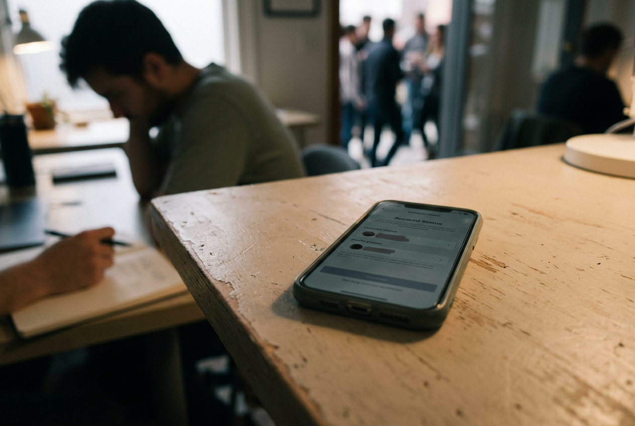 A phone displaying Instagram Account Status and the Request Review control on a plain desk.
