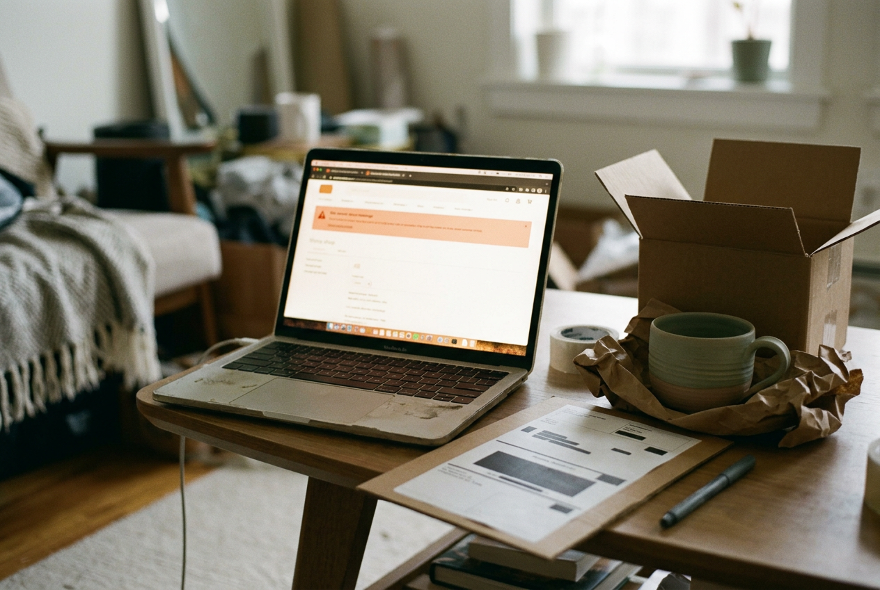A laptop displaying an Etsy account suspension banner beside a boxed ceramic cup ready to ship.