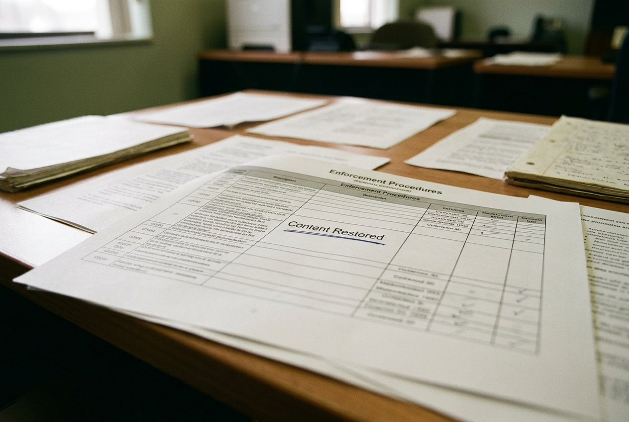 Printed moderation reports from Meta, TikTok and YouTube with restoration and appeal definitions marked in pen.