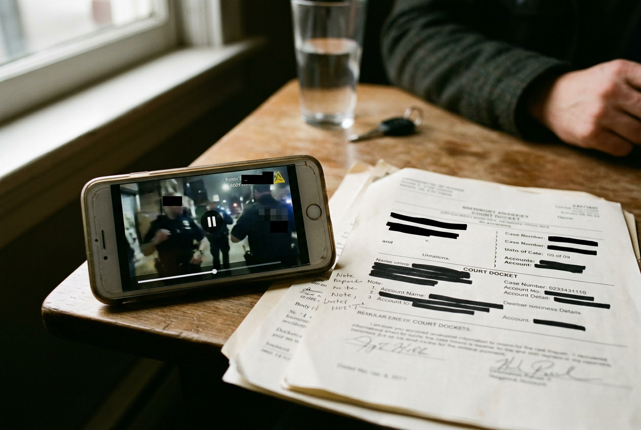 A phone showing a paused police body-camera clip beside a printed court docket, with names and faces obscured.