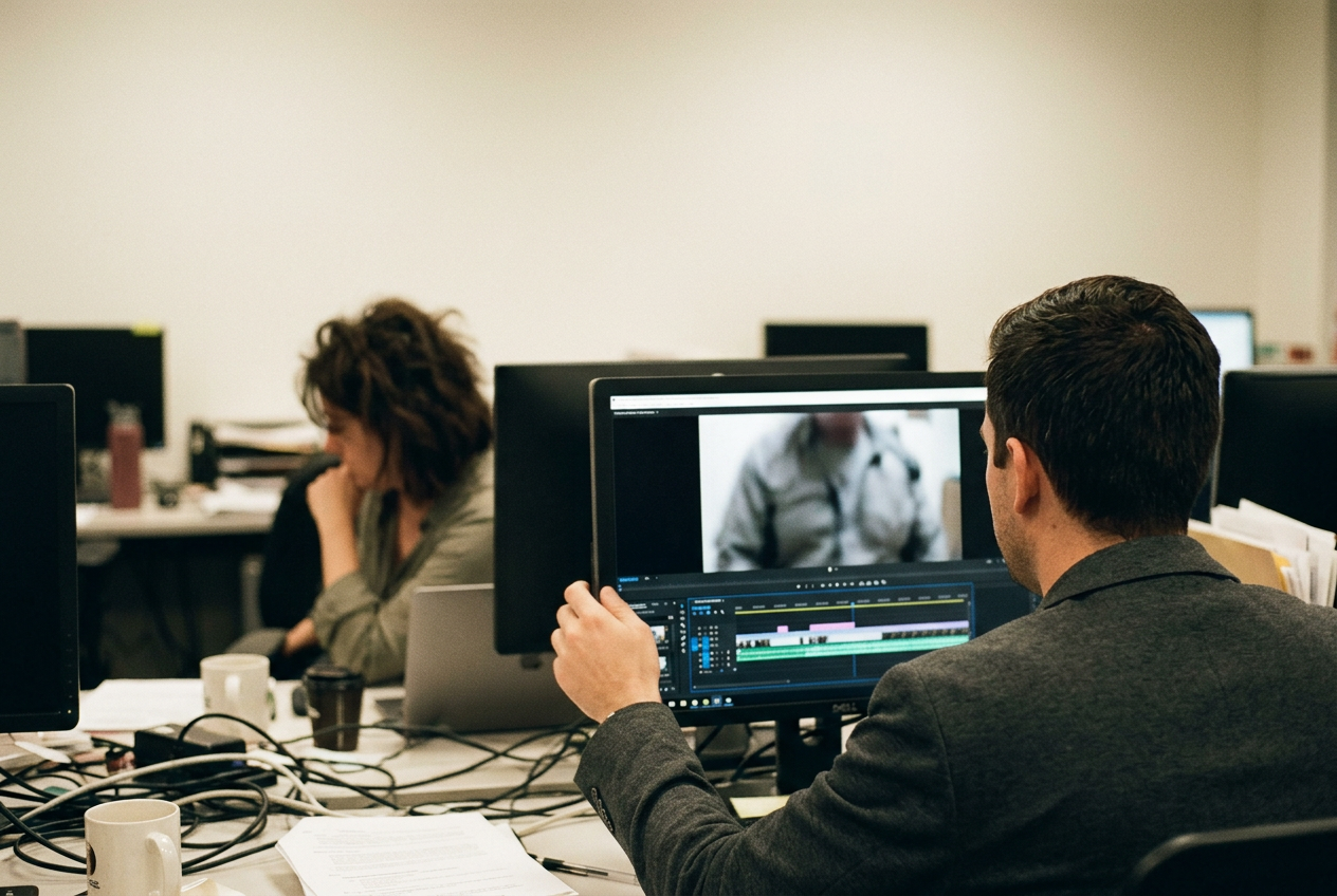 A monitor displays police body-camera footage with a blurred frame, captions and an editing timeline beneath it.
