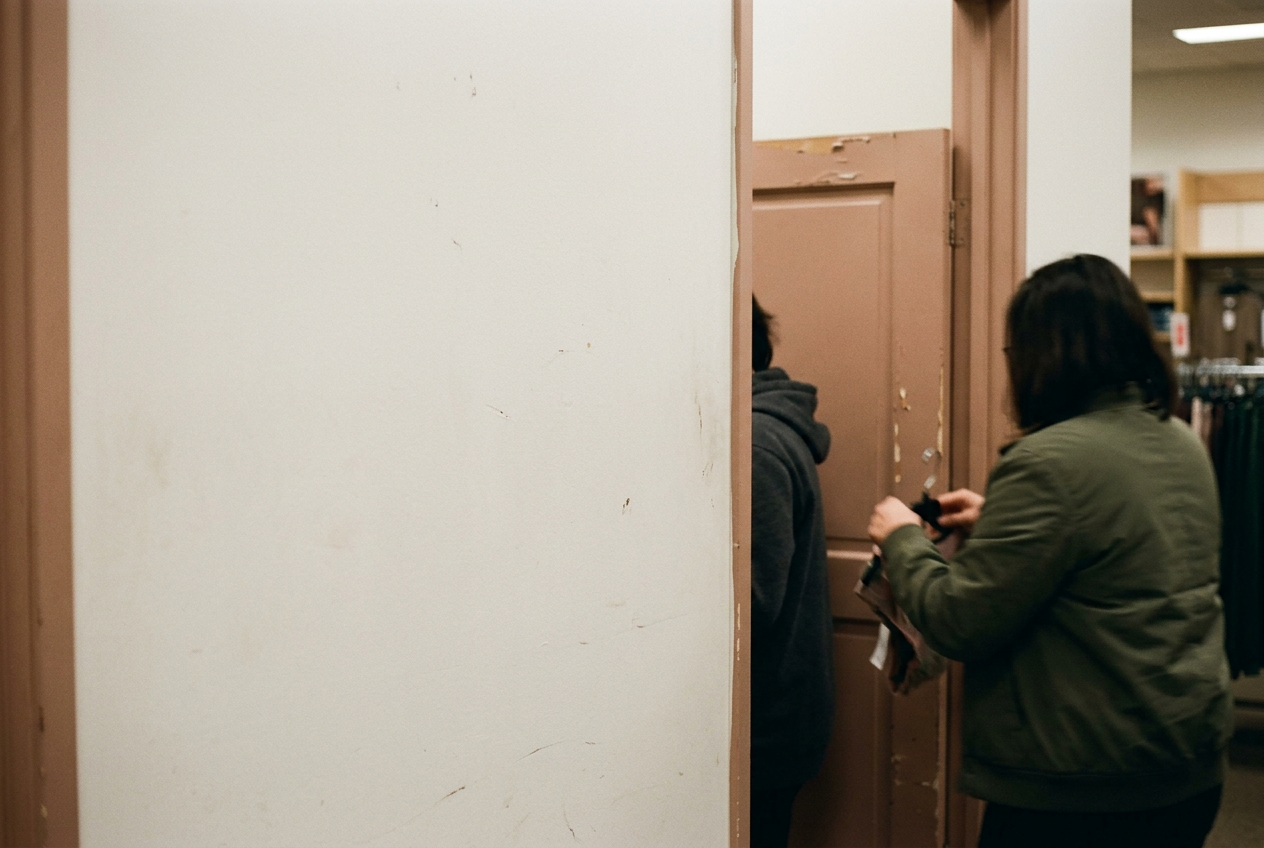 A police body camera pointed toward a plain retail dressing-room wall under fluorescent store lighting.
