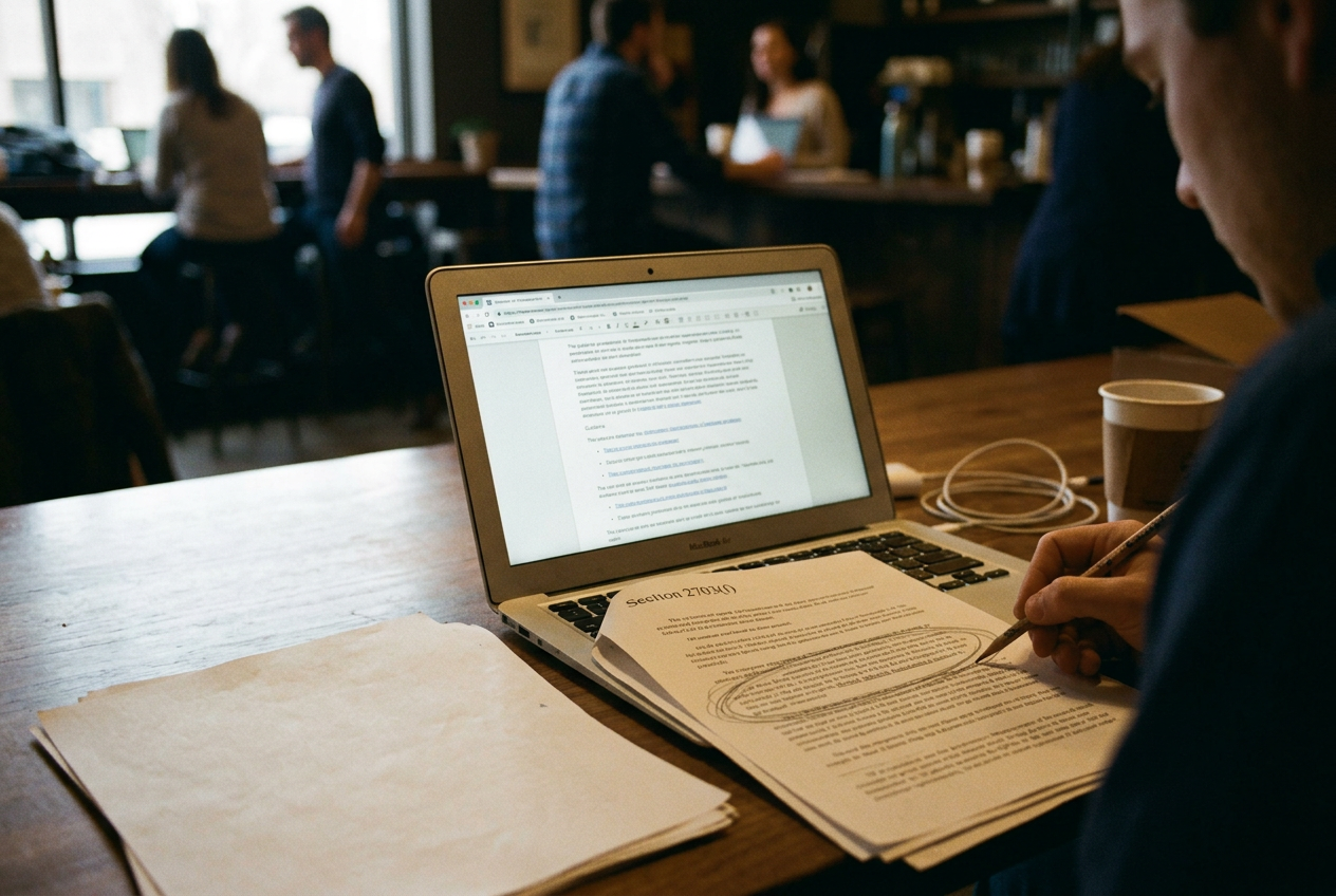 A laptop displaying Meta law-enforcement guidance beside a printed copy of the federal preservation statute.