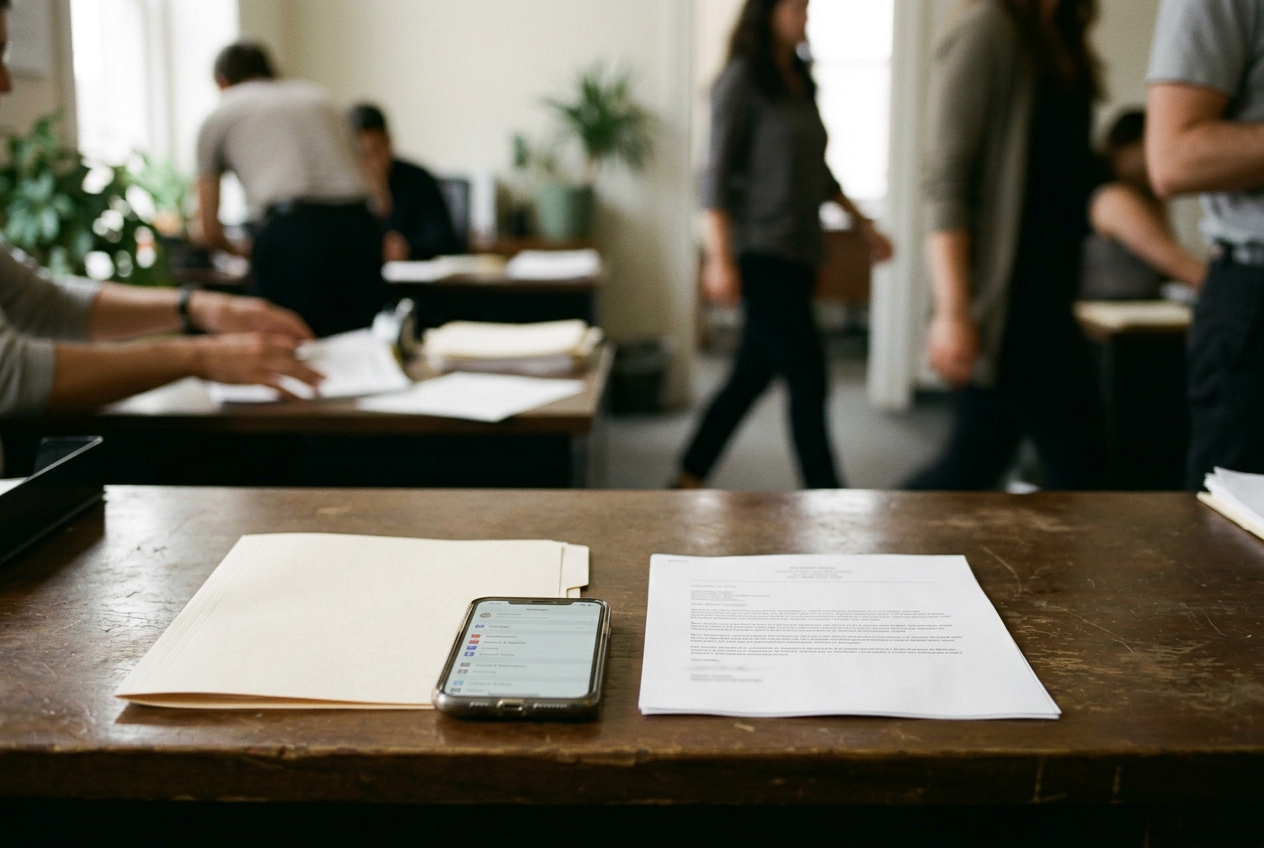 A printed law-enforcement preservation form beside a phone displaying a social media login screen.