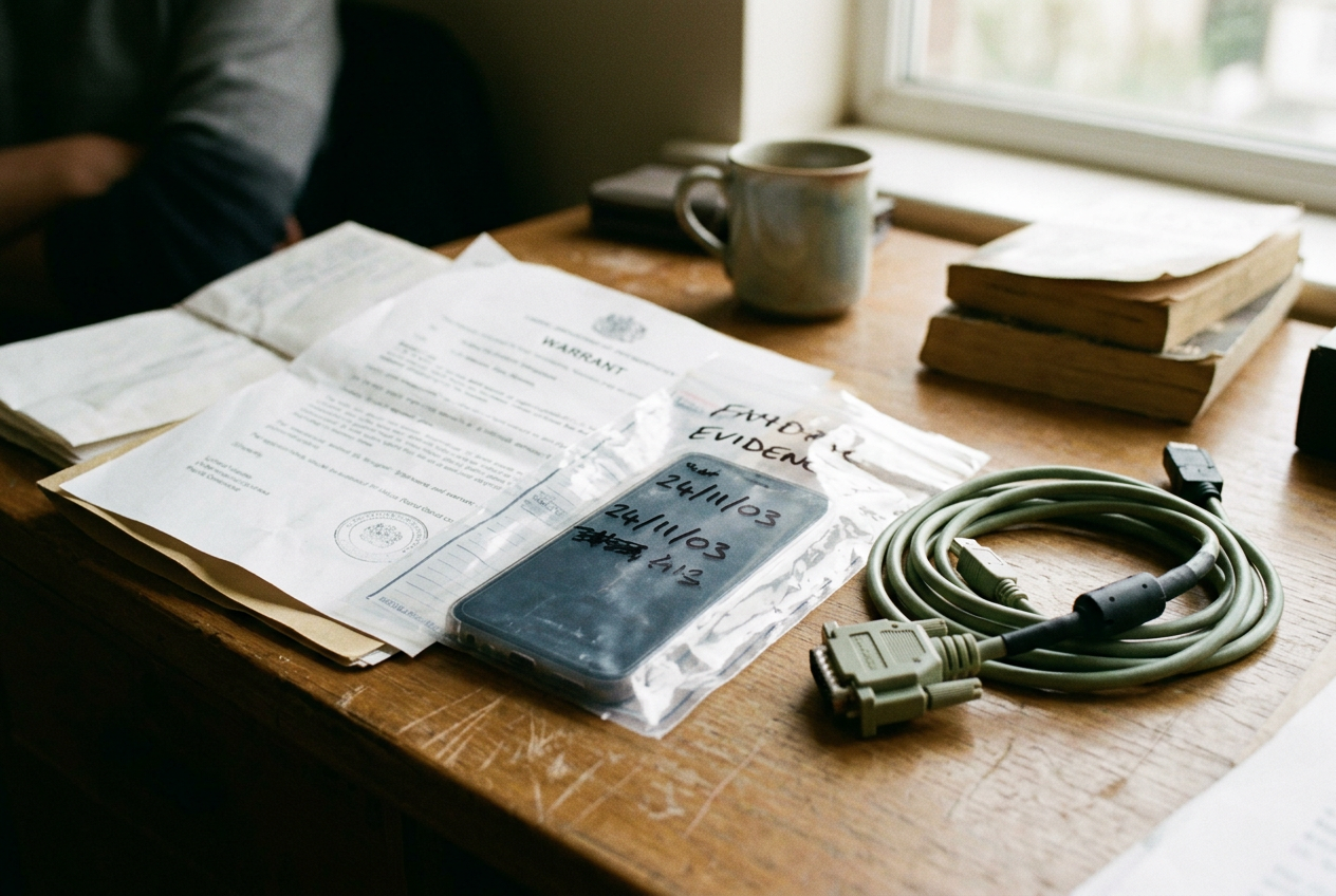 An unbranded smartphone sealed in a clear evidence bag beside a printed search warrant on a plain desk.