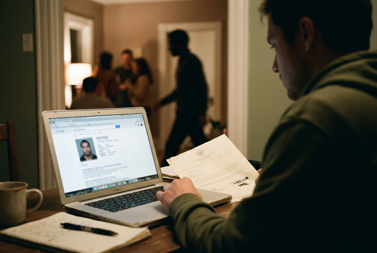 A laptop showing a blurred booking-page thumbnail beside a printed notice confirming the agency removed its copy.