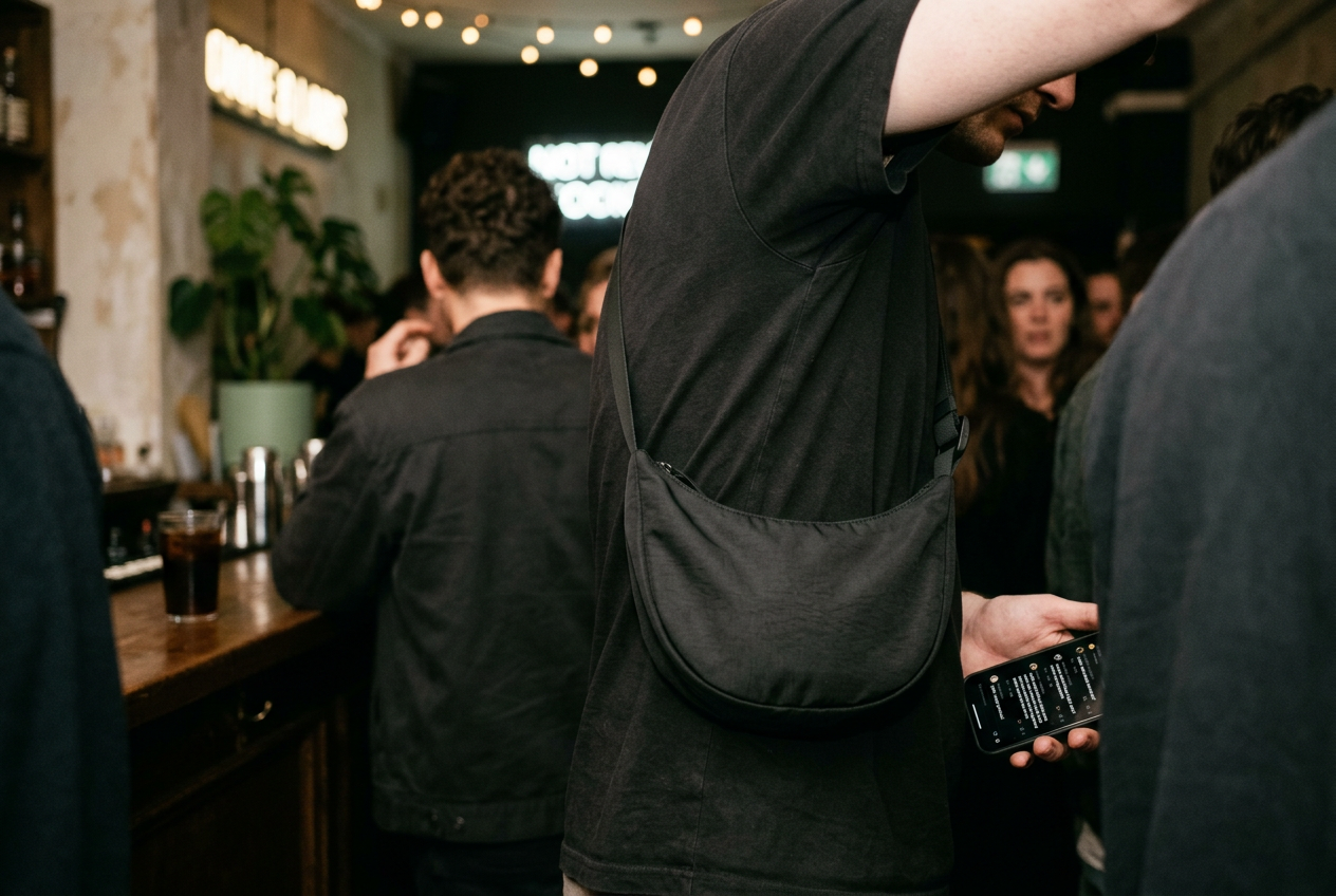 A black crescent-shaped shoulder bag worn high across a plain shirt while a phone displays a crowded comment thread.