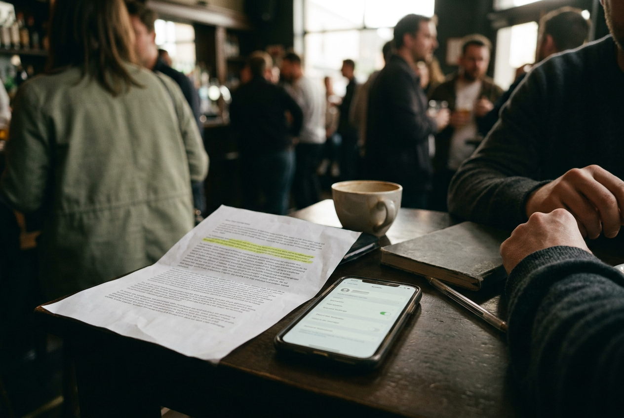 Printed platform law-enforcement guides beside a phone showing account settings and a highlighted preservation clause.