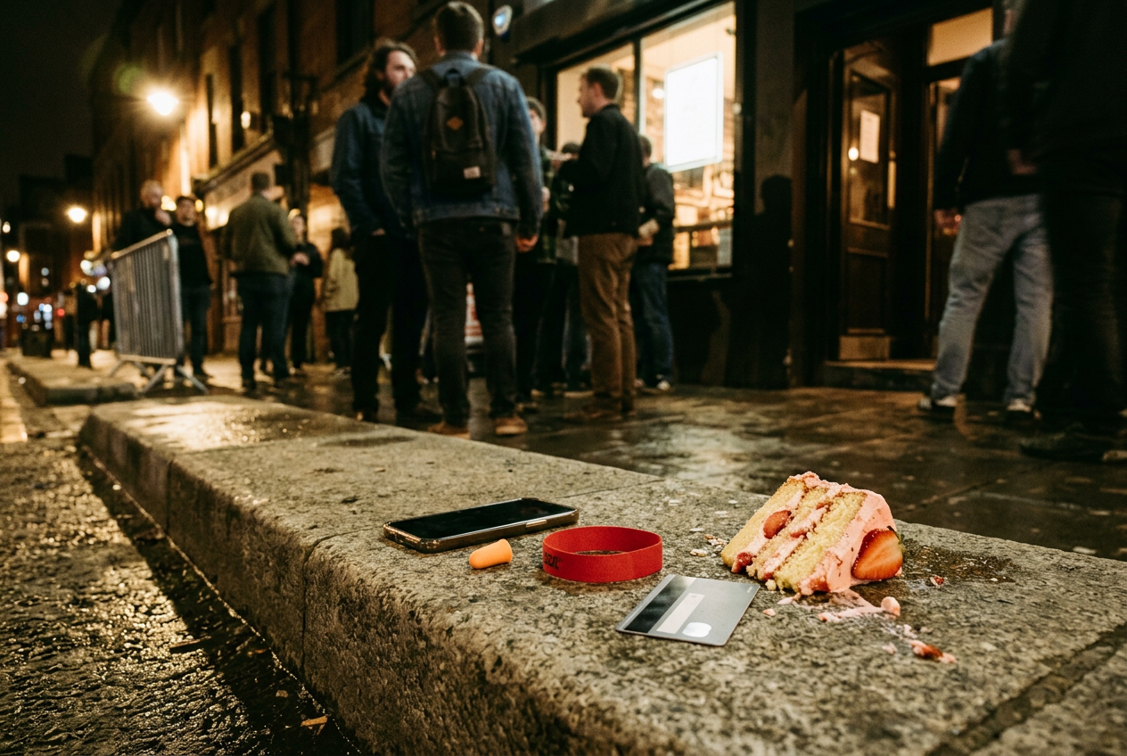 A phone, foam earplug, blank wristband and overturned strawberry cake slice arranged on a concrete club curb at night.
