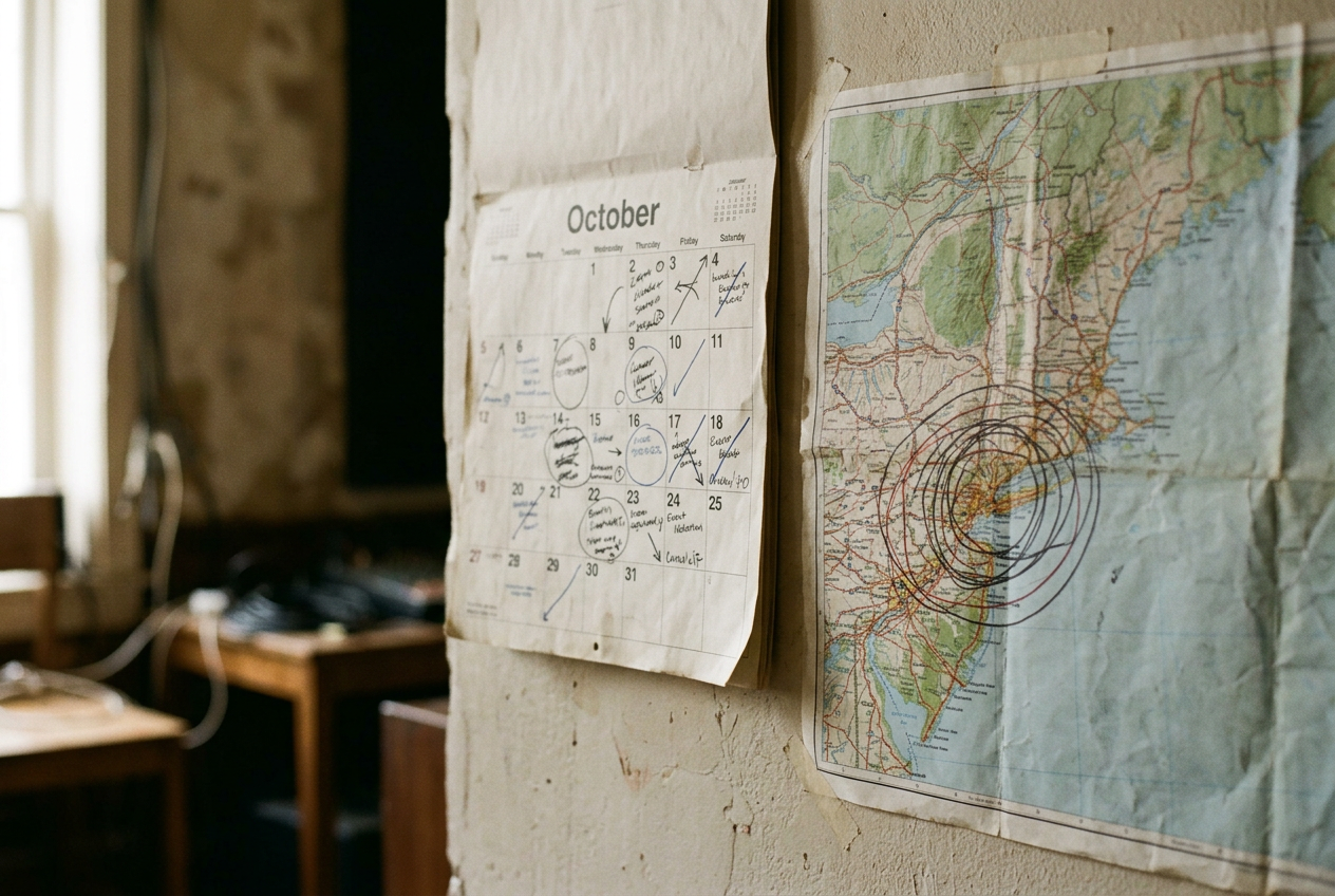 An independent venue’s paper calendar beside a map showing overlapping circles around New York and Philadelphia.