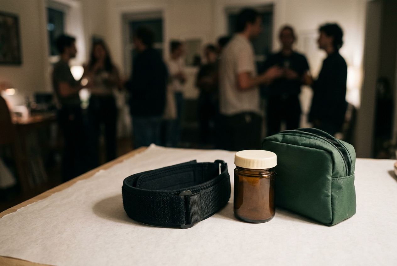 A black adjustable compression chin strap beside a GLP-1 injector carton and an unlabeled supplement jar.