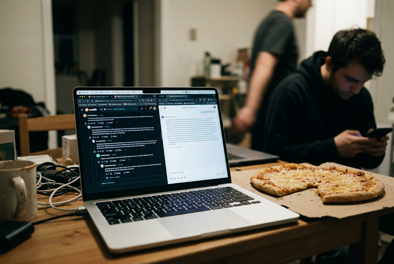 A laptop beside a cheese pizza shows a Reddit thread and an AI-generated search summary in separate tabs.