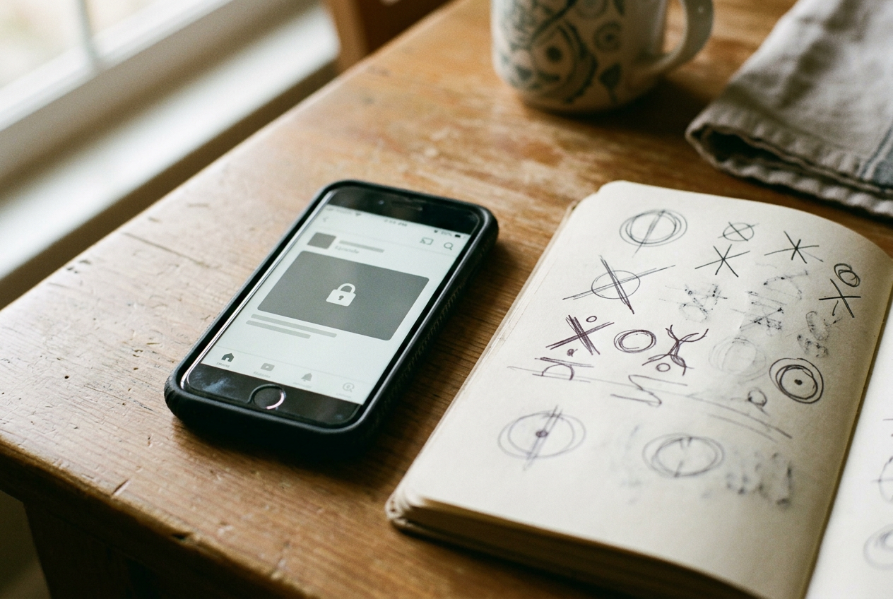 A phone showing a gray locked ReelShort episode tile beside a notebook tracking cliffhangers and coin prompts.