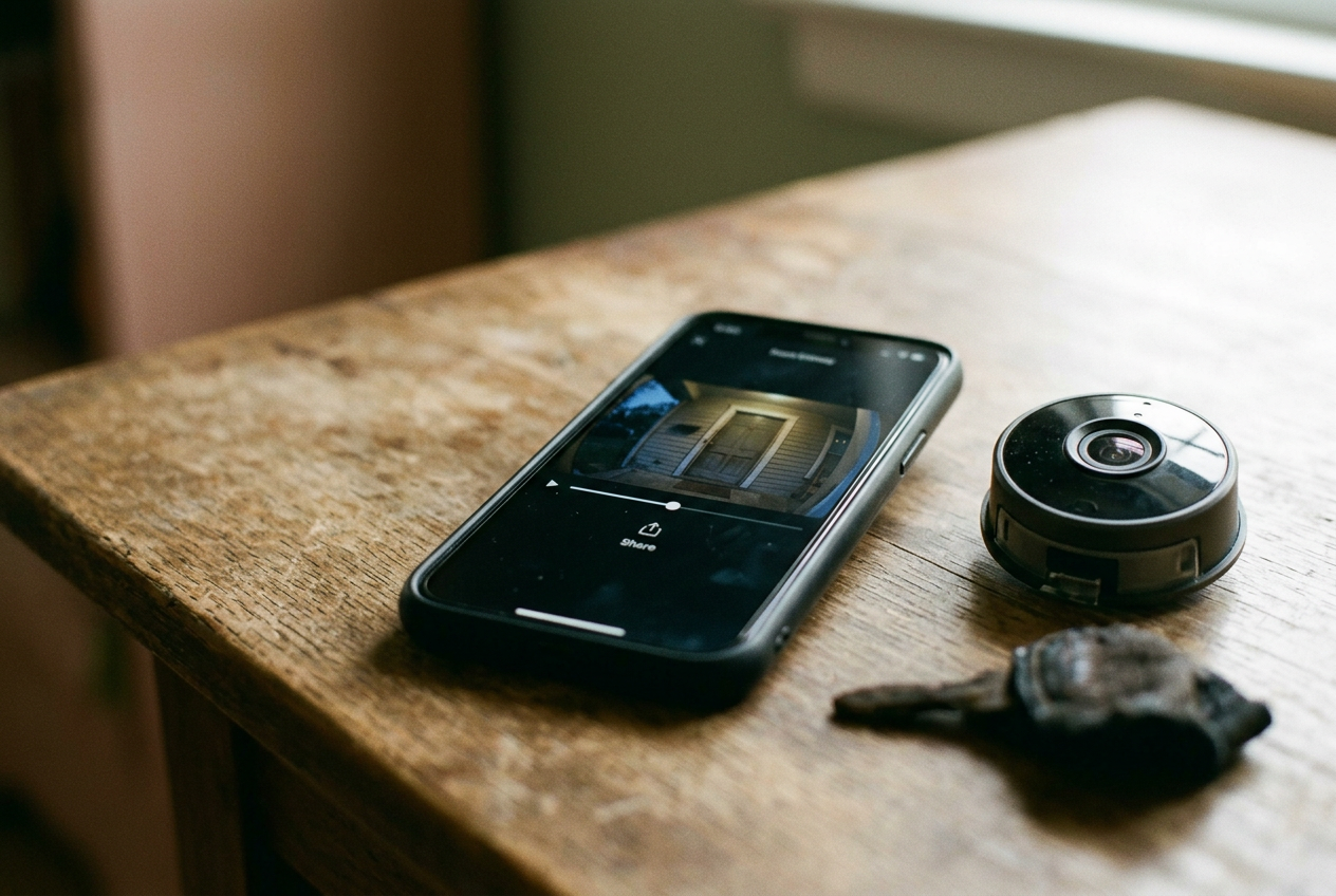 A phone displaying the Share control beneath a Ring doorbell recording beside the mounted camera.