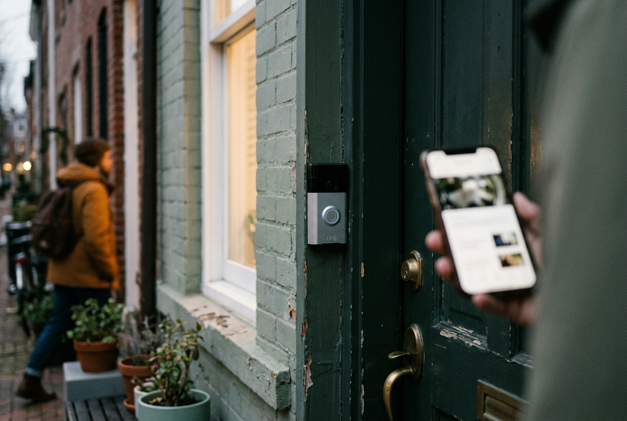 A Ring doorbell beside a front door while a phone displays the Neighbors app.