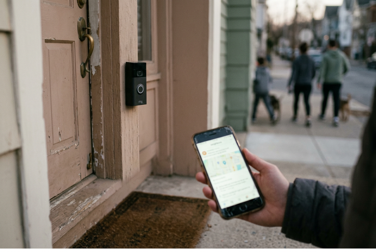A Ring doorbell mounted beside a front door, with a phone displaying the Neighbors app held nearby.