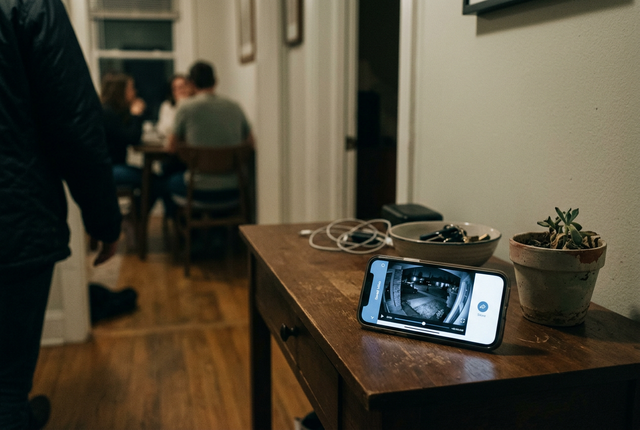 A phone displaying a saved Ring doorbell recording with the Share icon visible beneath the video.