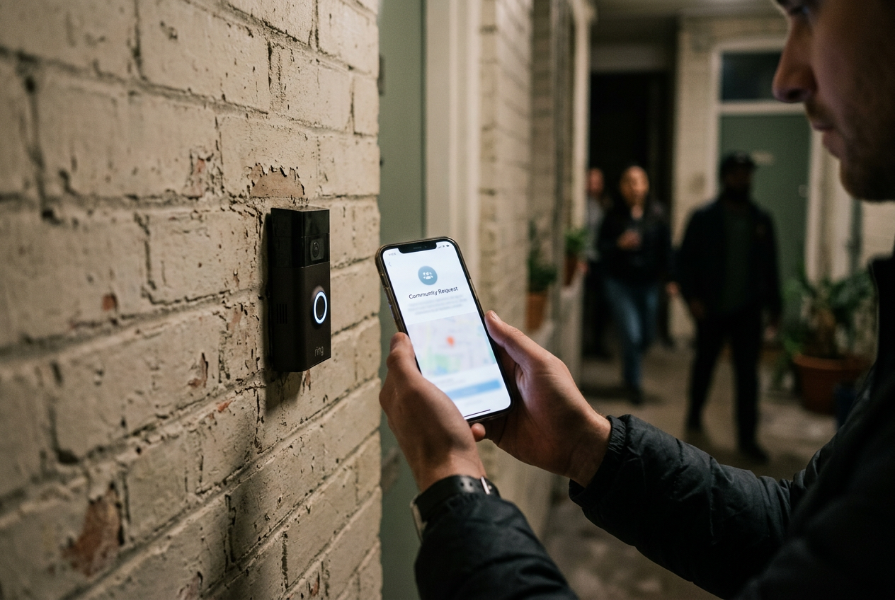 A Ring doorbell beside a phone displaying a Community Request notification with identifying details obscured.