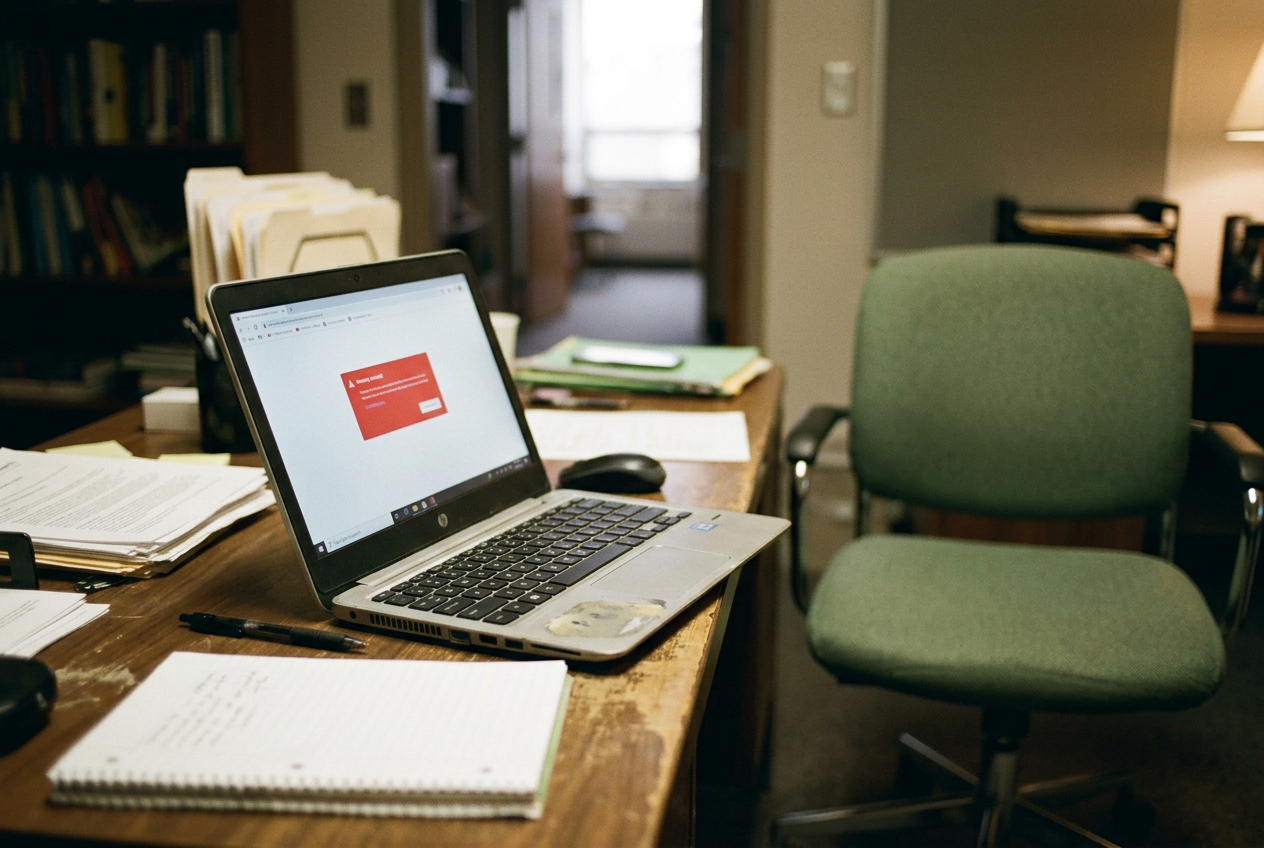 A school laptop showing a generic flagged-content alert beside an empty counselor’s chair.