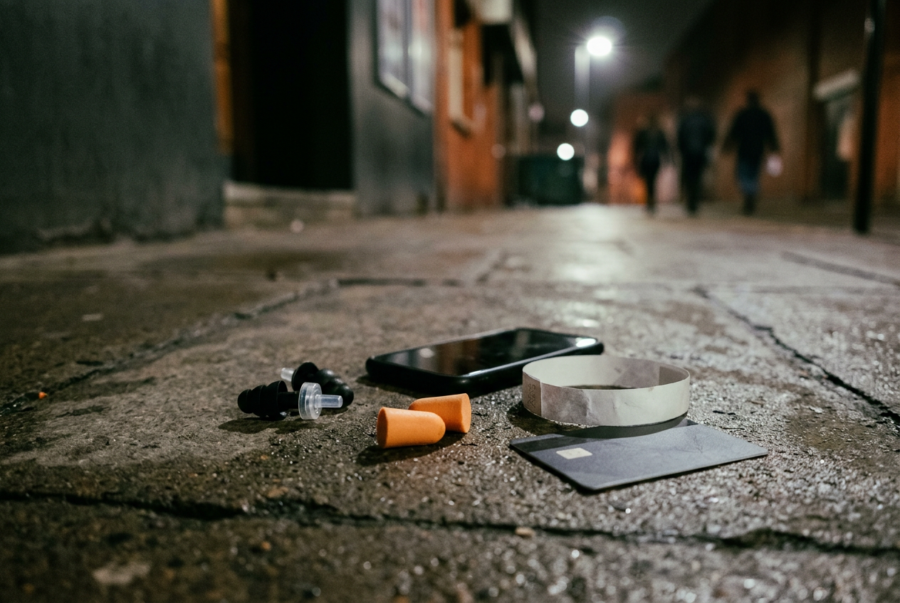 Foam earplugs, a face-down phone and a crumpled wristband on a dark curb after rain