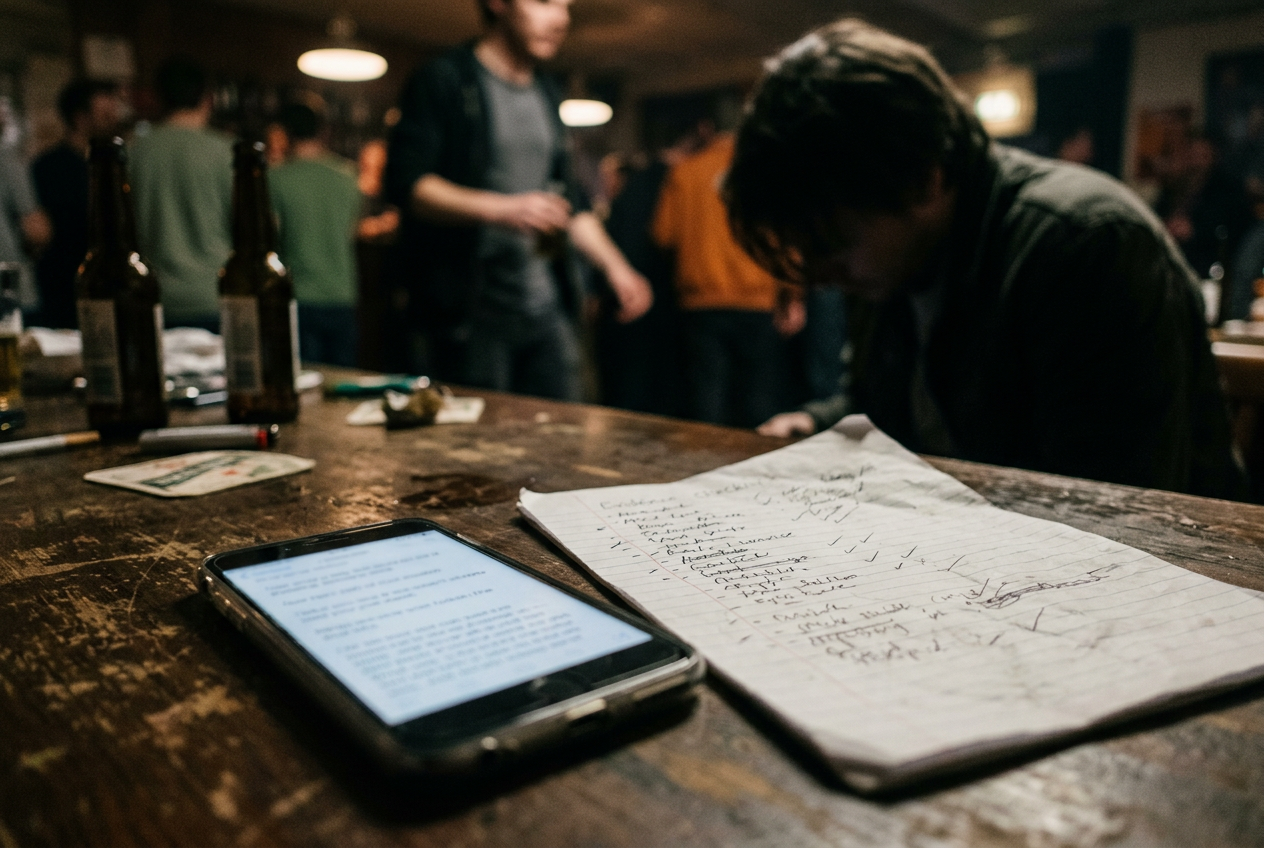A phone displaying a saved threatening message beside a notebook with account-security steps.