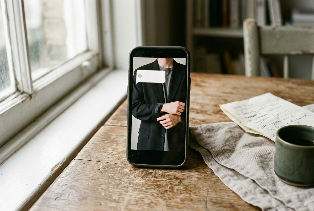 A phone paused on a vertical video of a black blazer over a gray T-shirt, with a cropped reply bubble above the frame.