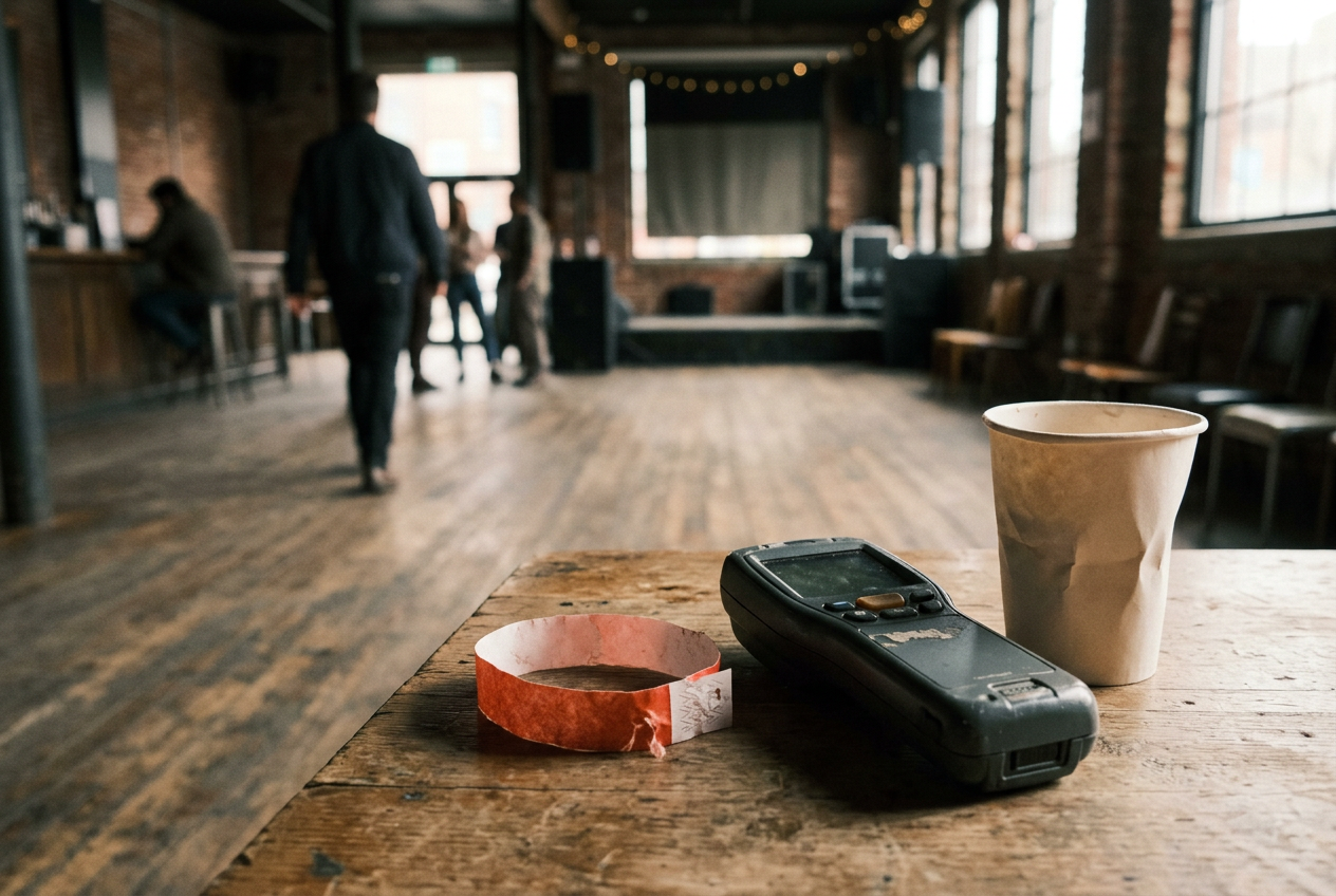 A party admission wristband beside a ticket scanner and untouched coffee cups at the edge of a daytime dance floor.