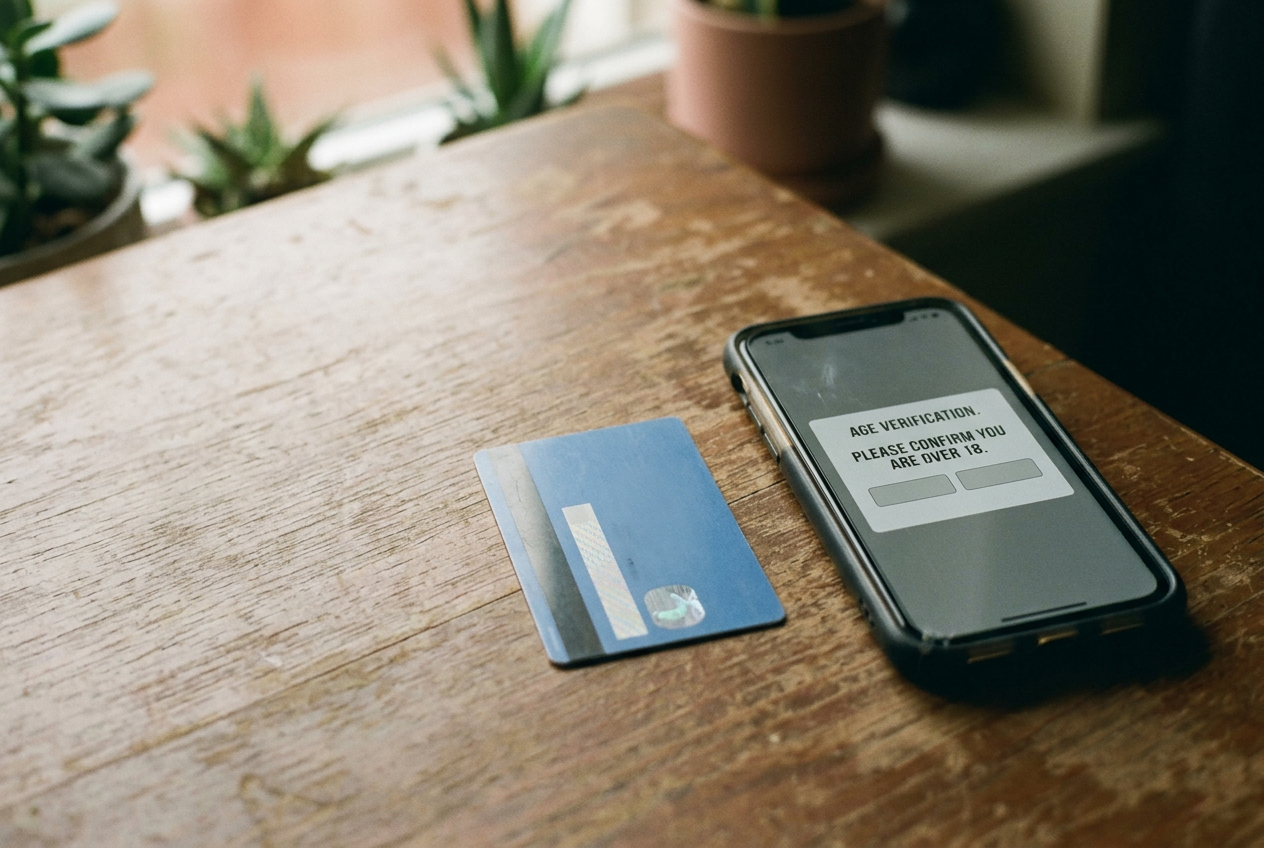 A driver's license beside a phone displaying a generic age-verification screen.