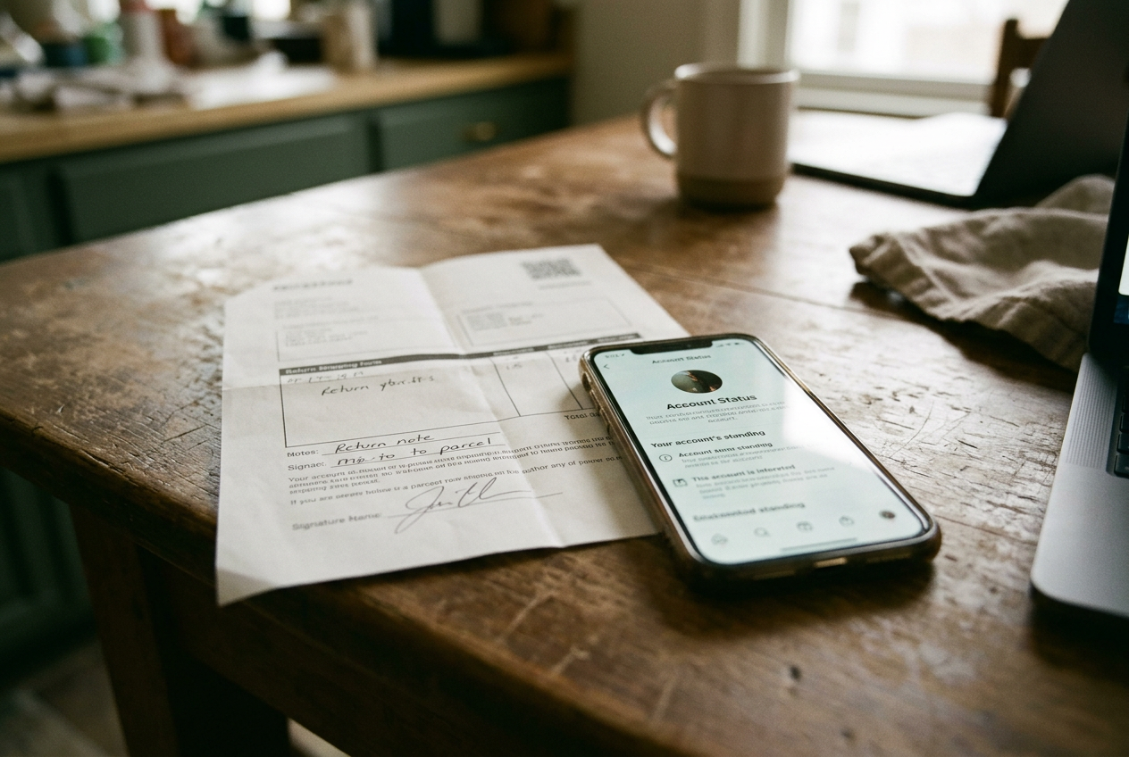 A phone displaying Instagram Account Status beside a printed package return form on a plain desk.