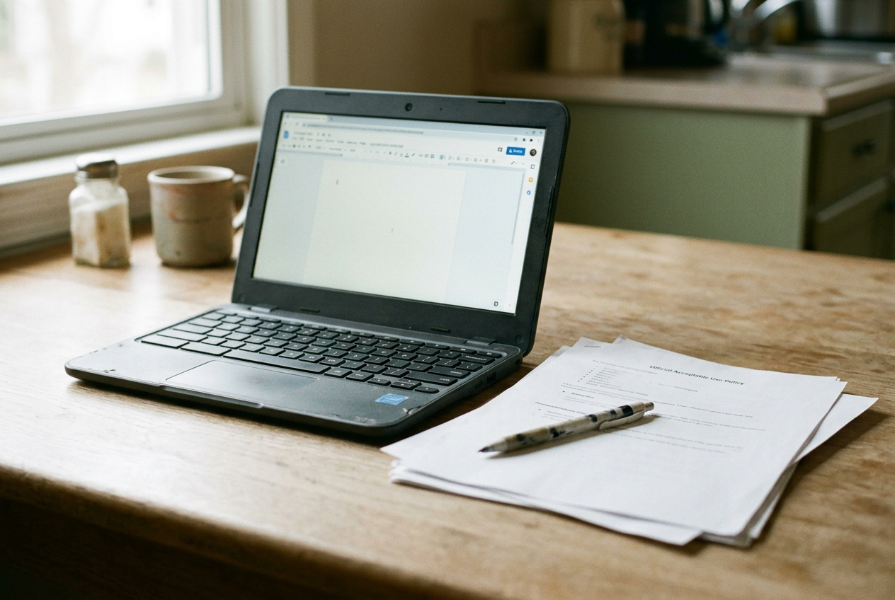 A school Chromebook beside an open Google Doc and a printed district acceptable-use policy on a kitchen table.