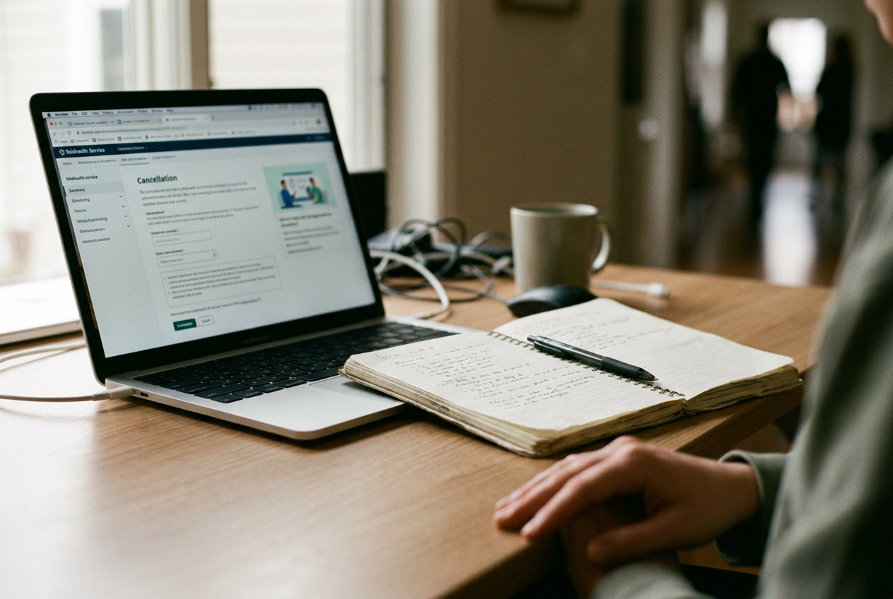 Laptop showing an ADHD telehealth billing page beside a notebook and insurance card on a plain desk.