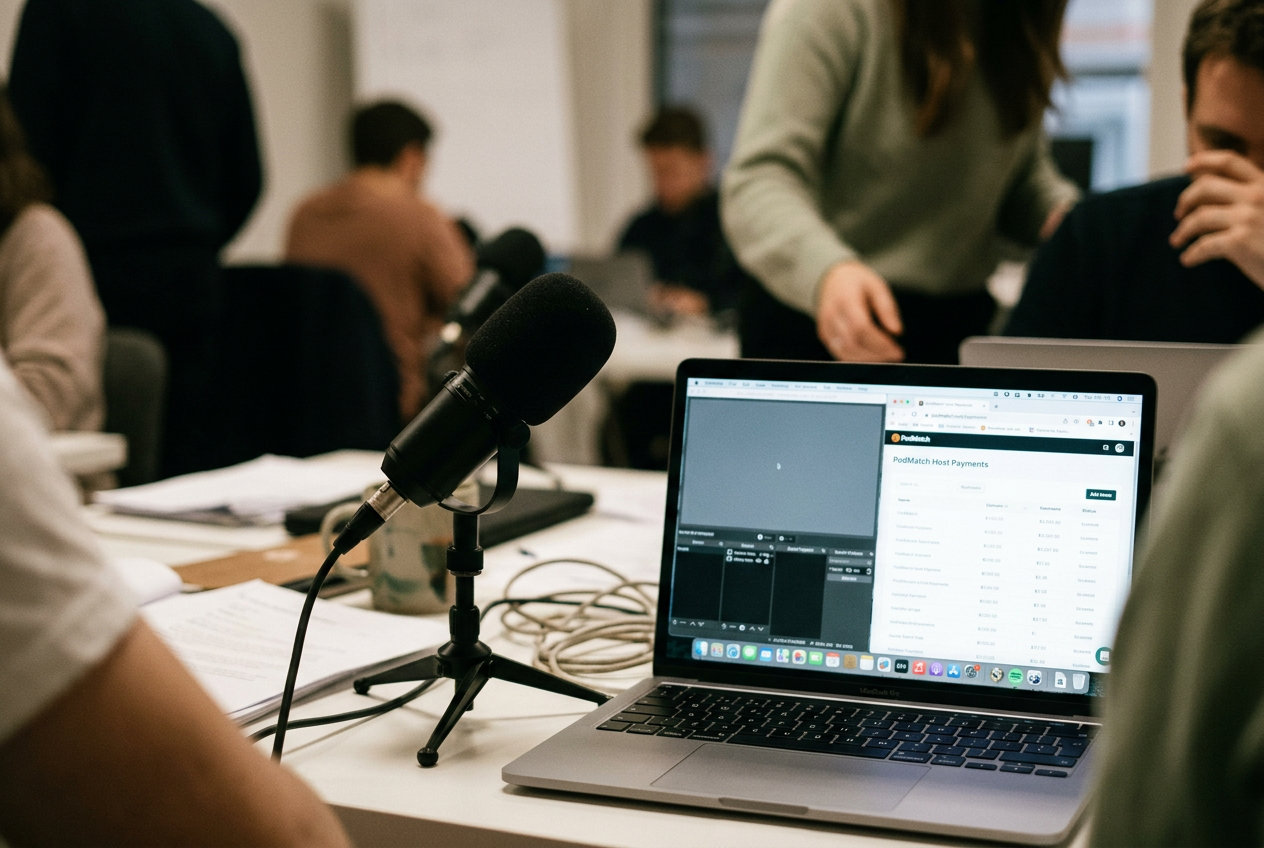 A desk microphone beside a laptop showing a two-person remote podcast interview and an open booking platform page.