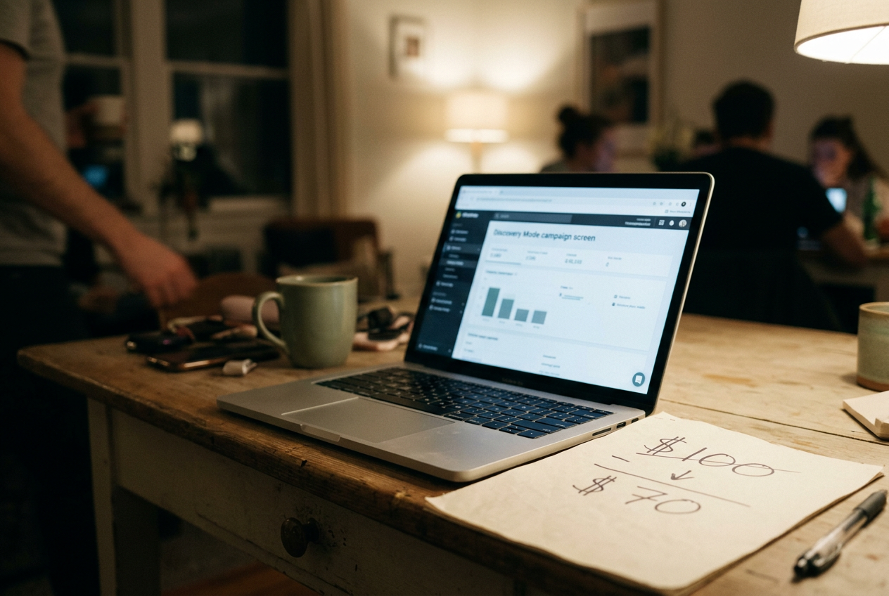 A laptop displays a Spotify campaign page beside a spreadsheet showing $100 reduced to $70.