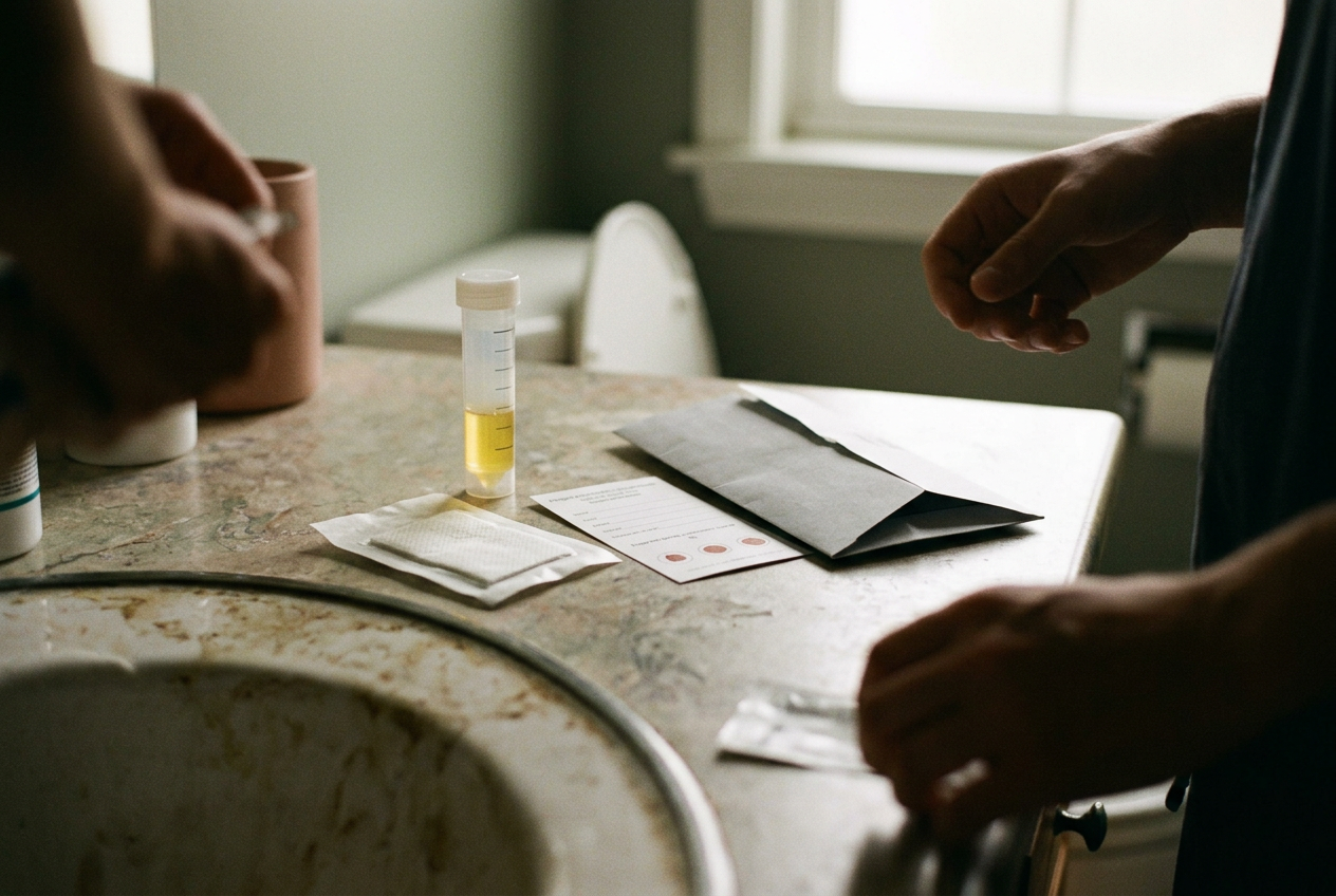 A labeled urine tube, finger-prick card and sealed return mailer arranged beside printed STI kit instructions.