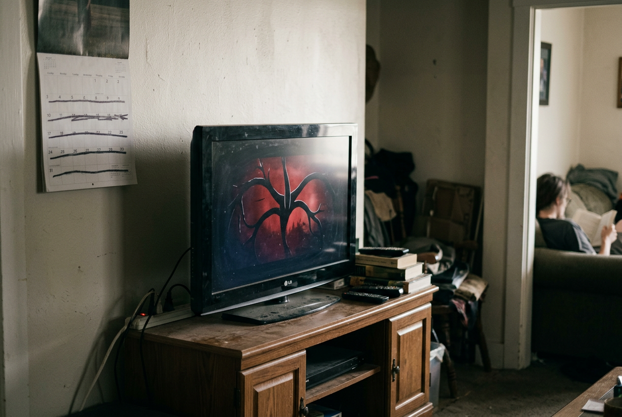 A television paused on the Stranger Things 4 Volume 2 card beside a monthly billing reminder.