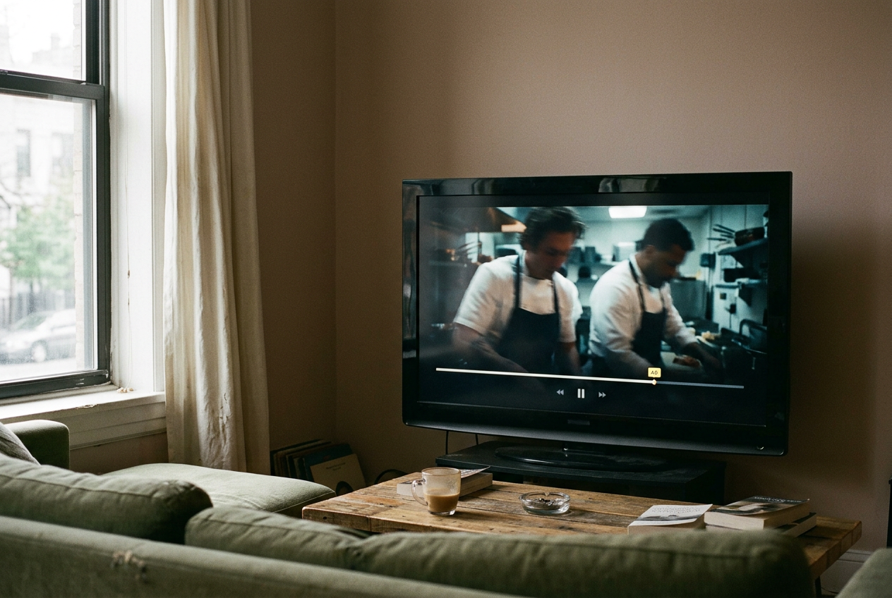 A television paused on The Bear with an advertising marker visible along the playback bar.