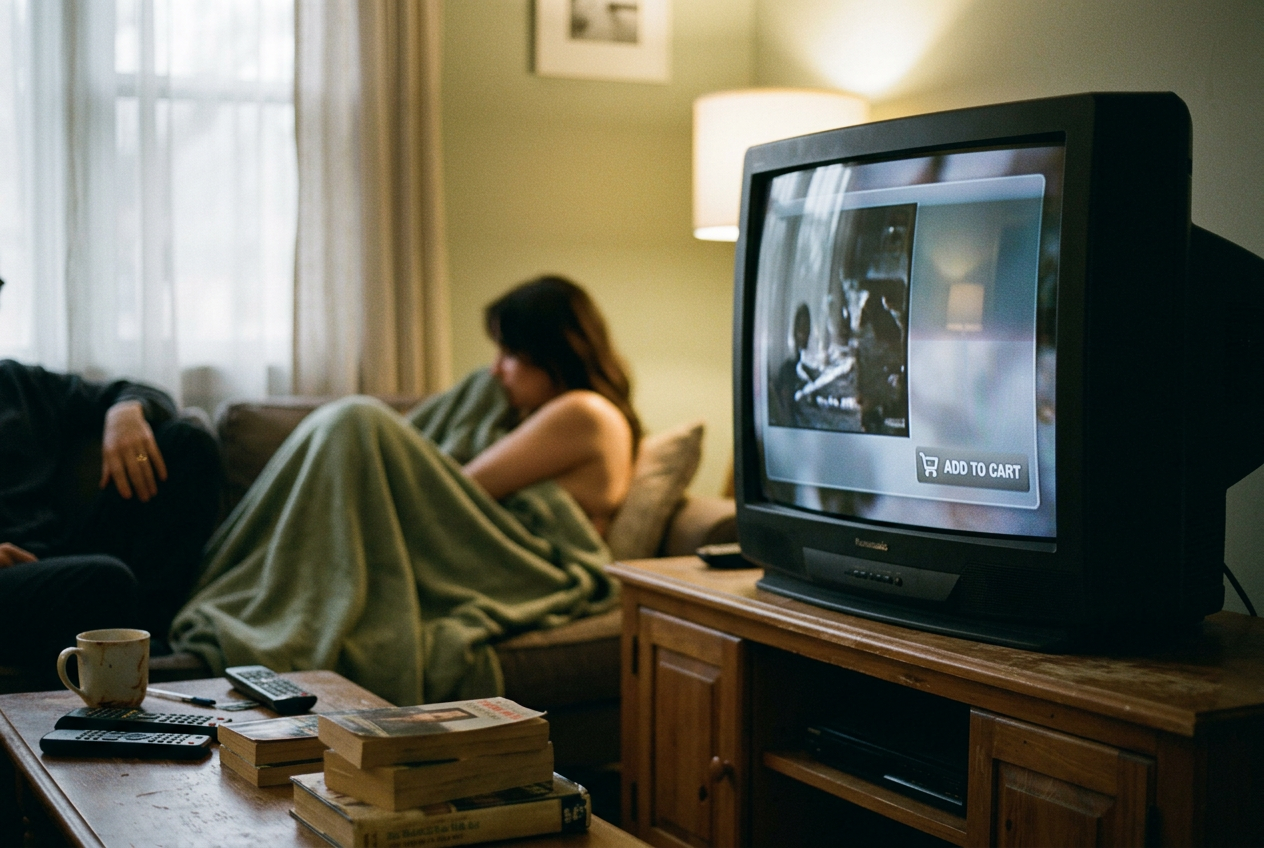 A television paused on a dimmed film frame with a translucent product ad and an Add to Cart button.